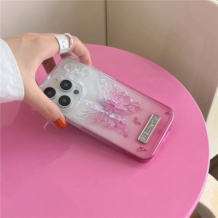 For iPhone 15 Pro Max Gradient TPU Phone Case with Butterfly Shape PC Kickstand