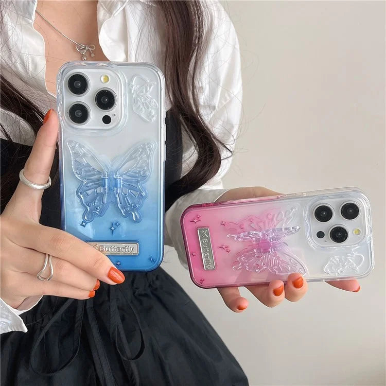 For iPhone 15 Pro Max Gradient TPU Phone Case with Butterfly Shape PC Kickstand
