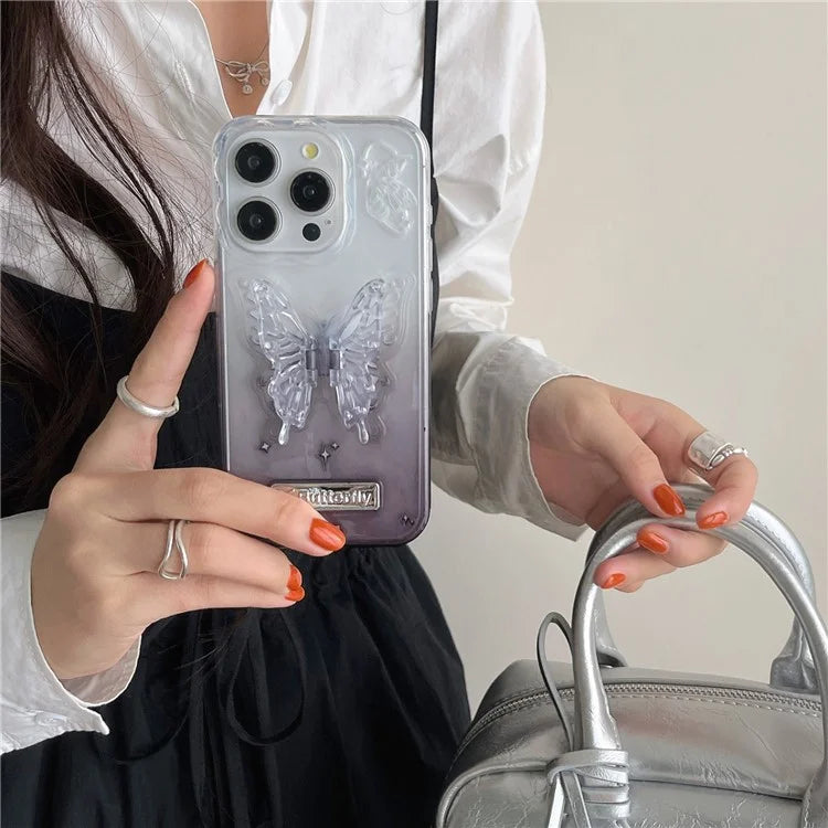 For iPhone 15 Pro Max Gradient TPU Phone Case with Butterfly Shape PC Kickstand
