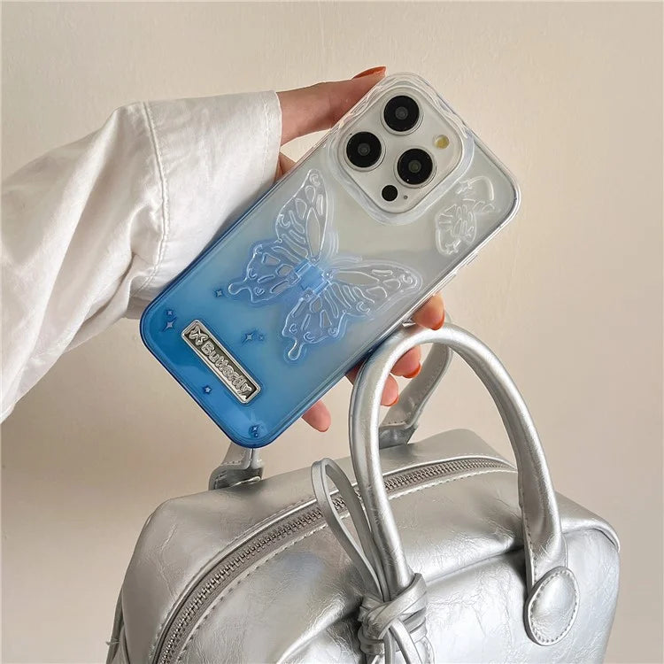 For iPhone 15 Pro Max Gradient TPU Phone Case with Butterfly Shape PC Kickstand
