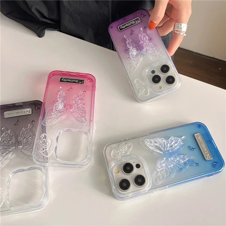 For iPhone 15 Pro Max Gradient TPU Phone Case with Butterfly Shape PC Kickstand