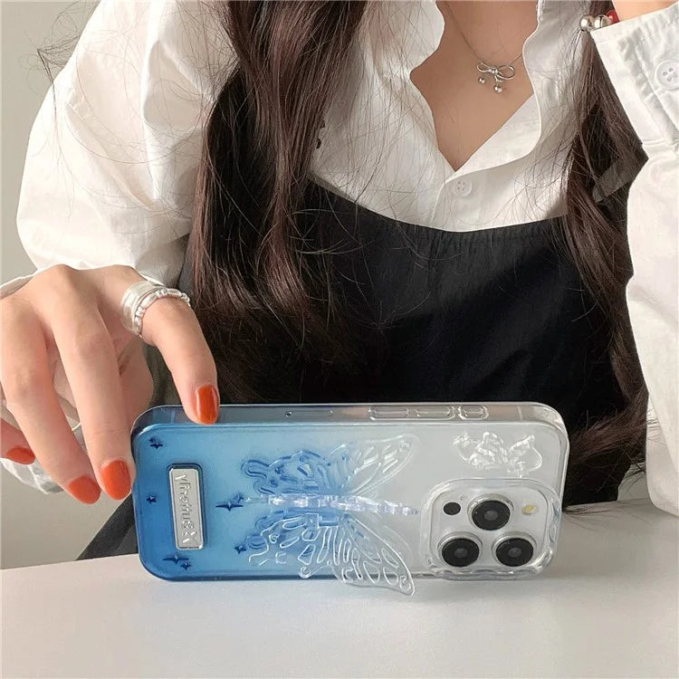 For iPhone 14 Pro Case Butterfly Shape Kickstand Phone Cover TPU+PC Protective Shell