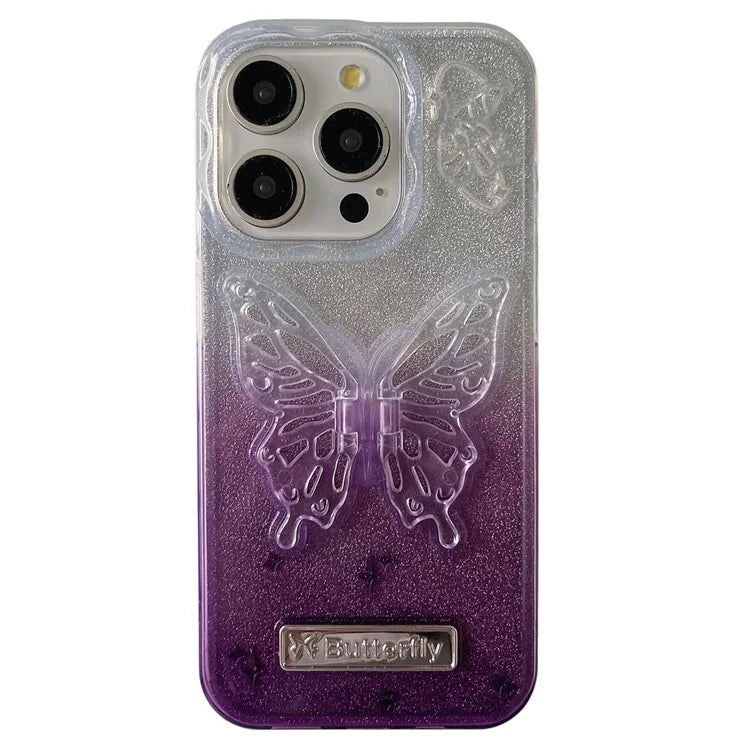 For iPhone 15 Pro Case Fall Proof Gradient TPU Phone Cover with Butterfly Shape Kickstand