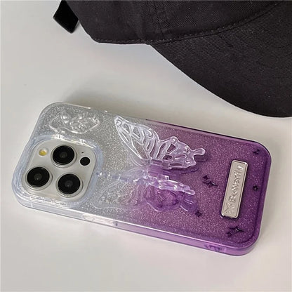For iPhone 15 Pro Case Fall Proof Gradient TPU Phone Cover with Butterfly Shape Kickstand