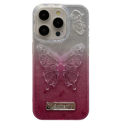 For iPhone 15 Pro Case Fall Proof Gradient TPU Phone Cover with Butterfly Shape Kickstand