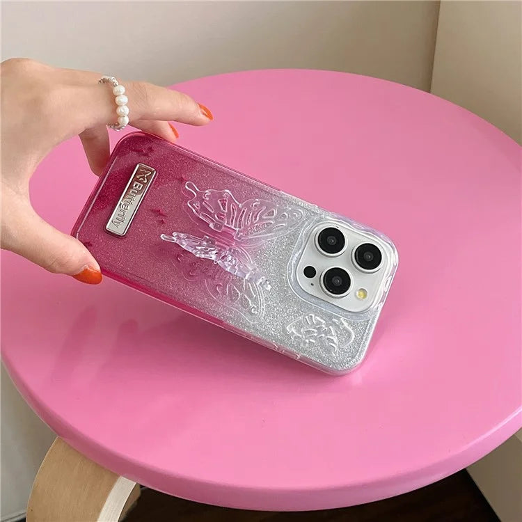 For iPhone 15 Pro Case Fall Proof Gradient TPU Phone Cover with Butterfly Shape Kickstand