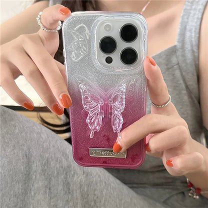 For iPhone 15 Pro Case Fall Proof Gradient TPU Phone Cover with Butterfly Shape Kickstand