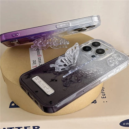 For iPhone 15 Pro Case Fall Proof Gradient TPU Phone Cover with Butterfly Shape Kickstand