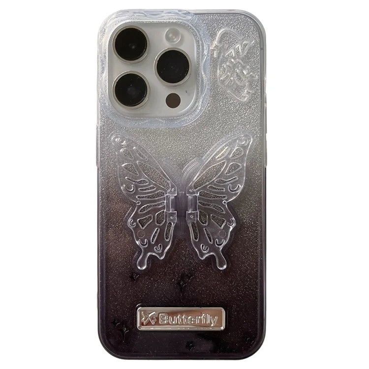 For iPhone 15 Pro Case Fall Proof Gradient TPU Phone Cover with Butterfly Shape Kickstand