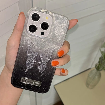 For iPhone 15 Pro Case Fall Proof Gradient TPU Phone Cover with Butterfly Shape Kickstand