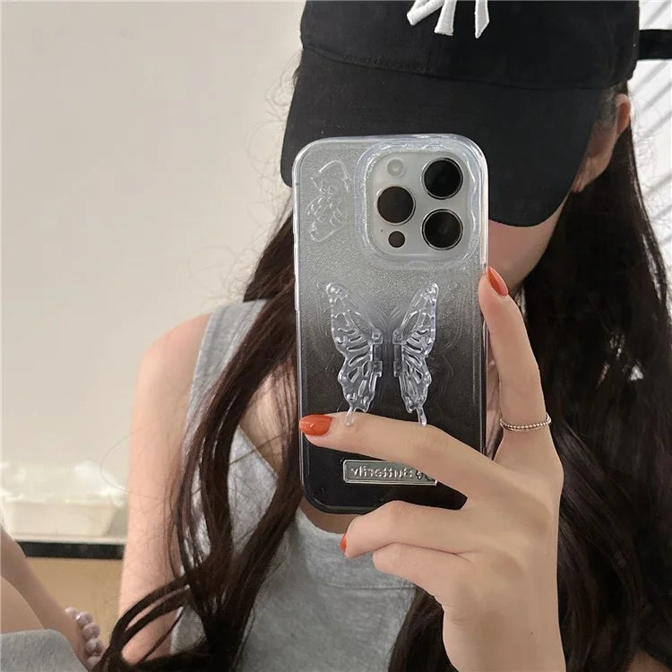 For iPhone 15 Pro Case Fall Proof Gradient TPU Phone Cover with Butterfly Shape Kickstand