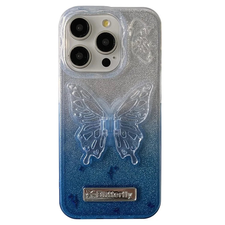 For iPhone 15 Pro Case Fall Proof Gradient TPU Phone Cover with Butterfly Shape Kickstand