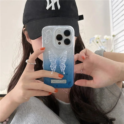 For iPhone 15 Pro Case Fall Proof Gradient TPU Phone Cover with Butterfly Shape Kickstand
