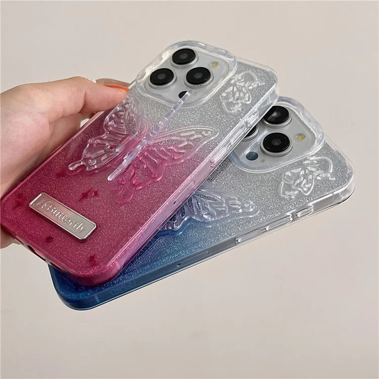 For iPhone 15 Pro Case Fall Proof Gradient TPU Phone Cover with Butterfly Shape Kickstand