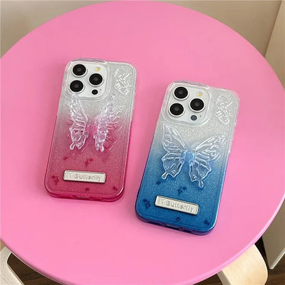 For iPhone 15 Pro Case Fall Proof Gradient TPU Phone Cover with Butterfly Shape Kickstand