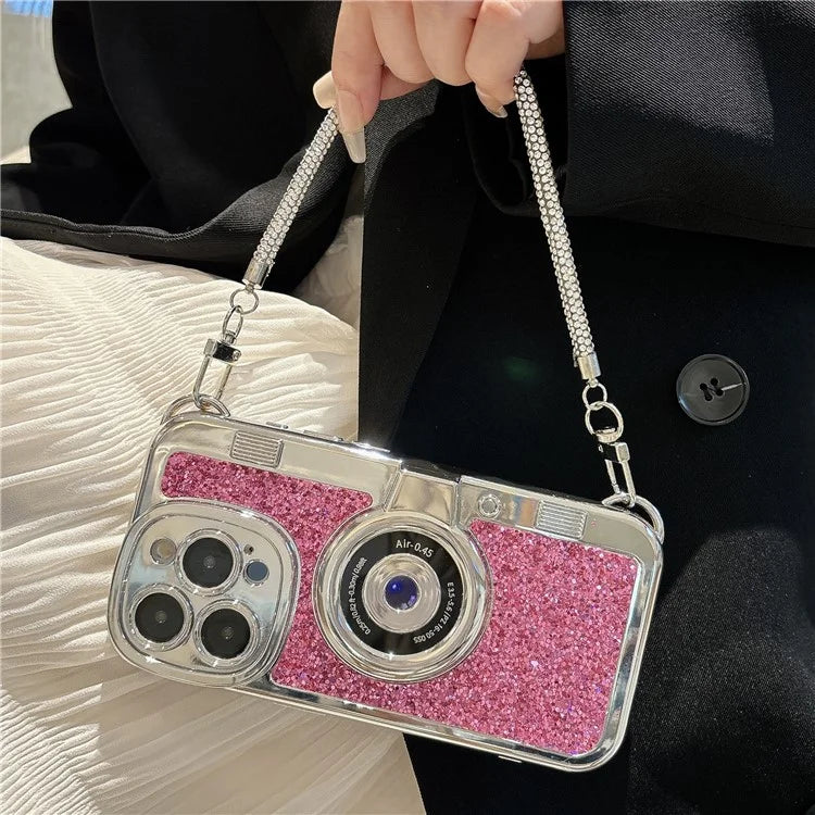 For iPhone 15 Pro Cover Camera Design Glitter Powder TPU Phone Case with Tote Strap