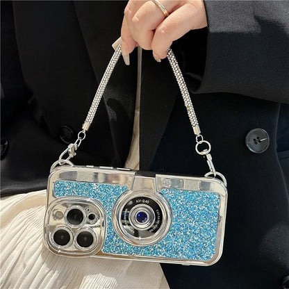 For iPhone 15 Pro Cover Camera Design Glitter Powder TPU Phone Case with Tote Strap