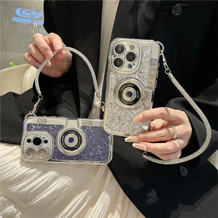 For iPhone 15 Pro Cover Camera Design Glitter Powder TPU Phone Case with Tote Strap
