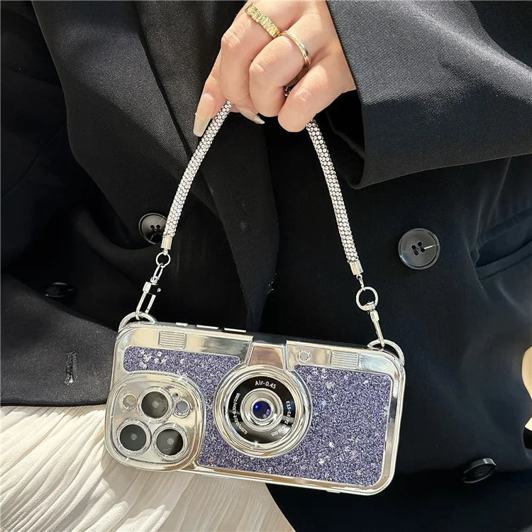 For iPhone 14 Pro Max Cover Glitter Powder Camera Design TPU Phone Case with Tote Strap