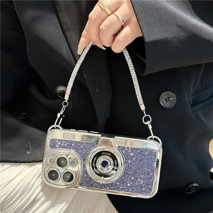 For iPhone 14 Pro Max Cover Glitter Powder Camera Design TPU Phone Case with Tote Strap