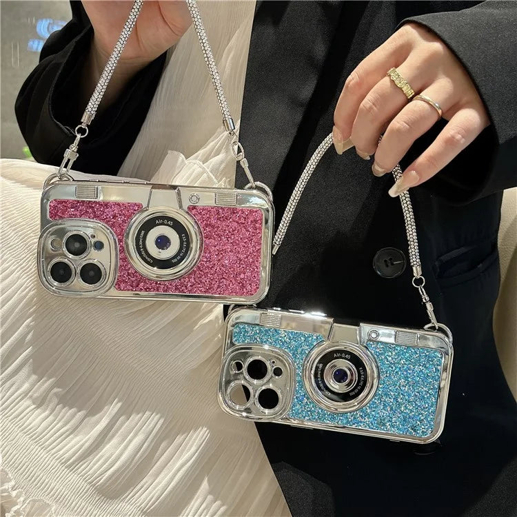 For iPhone 14 Pro Max Cover Glitter Powder Camera Design TPU Phone Case with Tote Strap