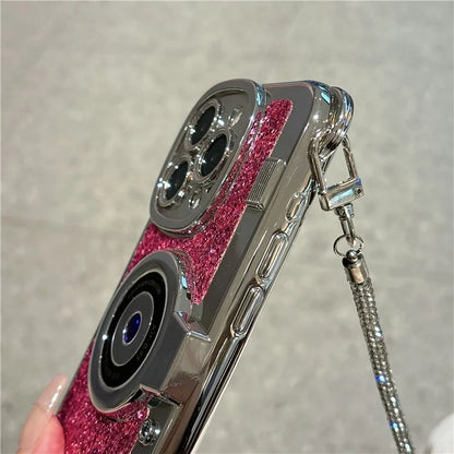 For iPhone 14 Pro Max Cover Glitter Powder Camera Design TPU Phone Case with Tote Strap