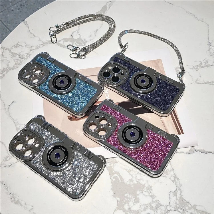 For iPhone 14 Pro Max Cover Glitter Powder Camera Design TPU Phone Case with Tote Strap