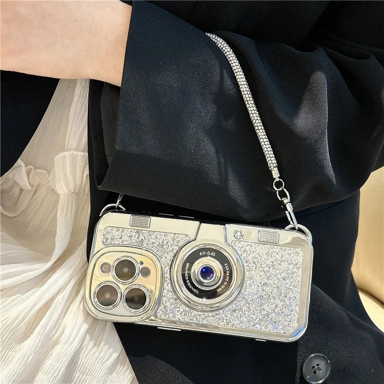 For iPhone 14 Pro Max Cover Glitter Powder Camera Design TPU Phone Case with Tote Strap
