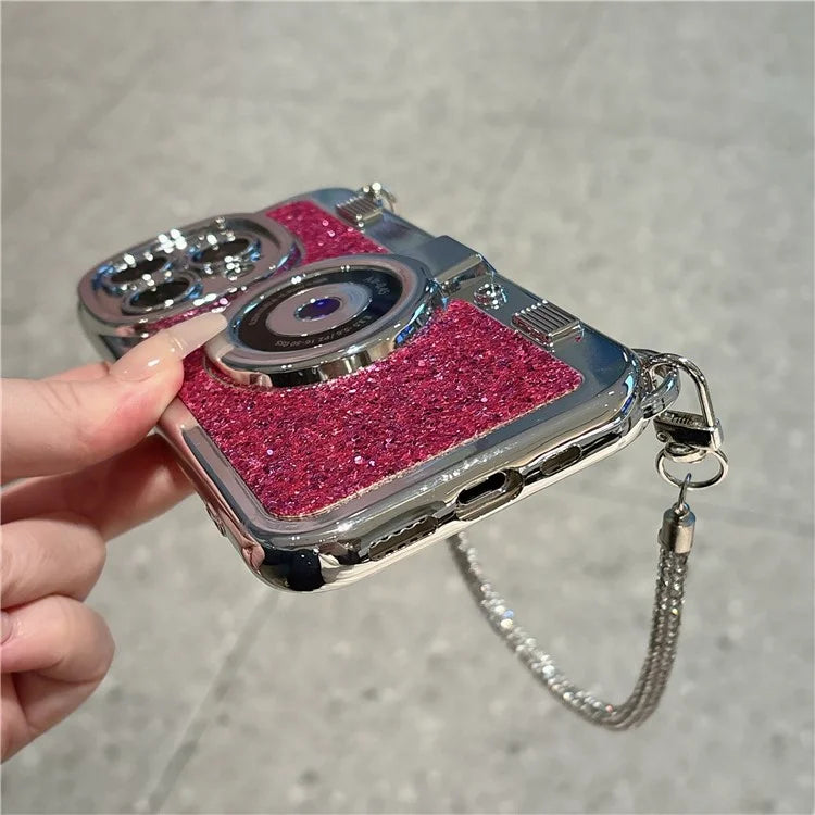 For iPhone 14 Pro Max Cover Glitter Powder Camera Design TPU Phone Case with Tote Strap