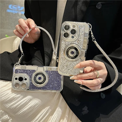 For iPhone 15 Pro Max Case Camera Shape Anti-Drop Phone Cover Glitter Powder TPU Phone Shell with Strap