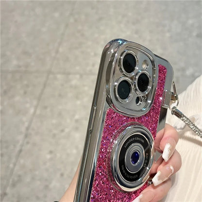 For iPhone 15 Pro Max Case Camera Shape Anti-Drop Phone Cover Glitter Powder TPU Phone Shell with Strap