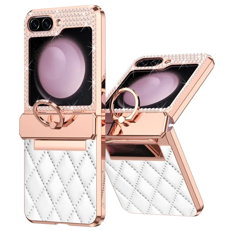 For Samsung Galaxy Z Flip6 5G Case Rhinestone Decor Leather+PC Rhombus Phone Cover