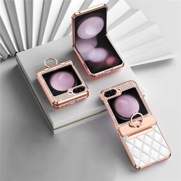 For Samsung Galaxy Z Flip6 5G Case Rhinestone Decor Leather+PC Rhombus Phone Cover