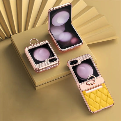 For Samsung Galaxy Z Flip6 5G Case Rhinestone Decor Leather+PC Rhombus Phone Cover