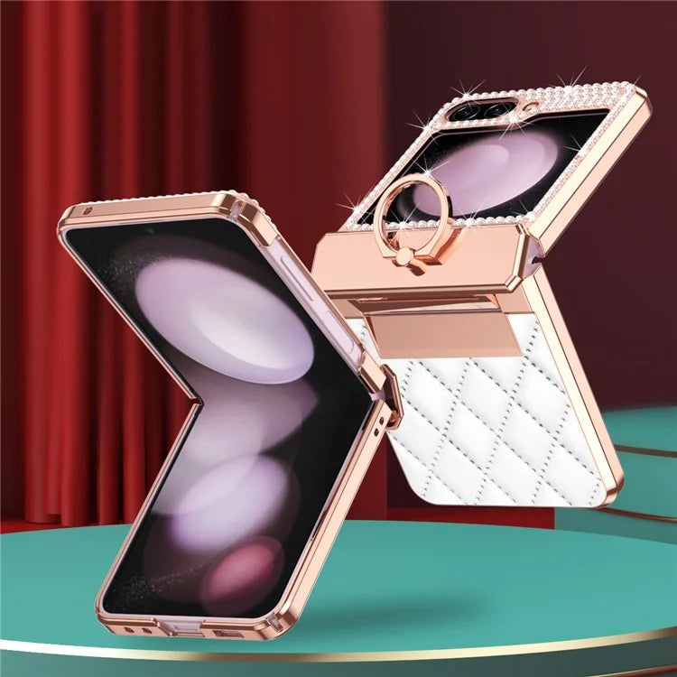 For Samsung Galaxy Z Flip6 5G Case Rhinestone Decor Leather+PC Rhombus Phone Cover