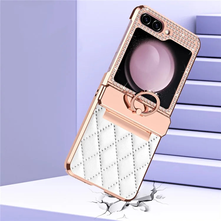 For Samsung Galaxy Z Flip6 5G Case Rhinestone Decor Leather+PC Rhombus Phone Cover