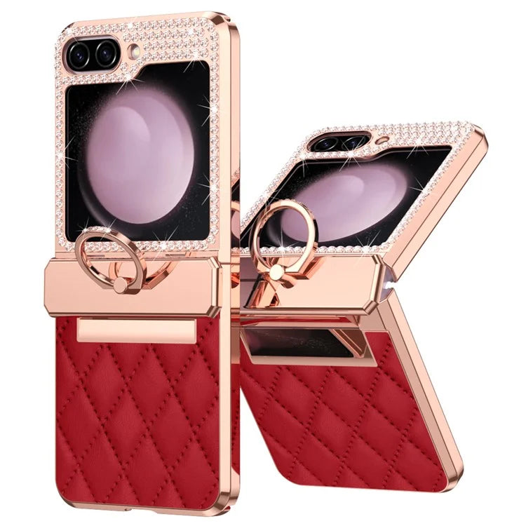 For Samsung Galaxy Z Flip6 5G Case Rhinestone Decor Leather+PC Rhombus Phone Cover