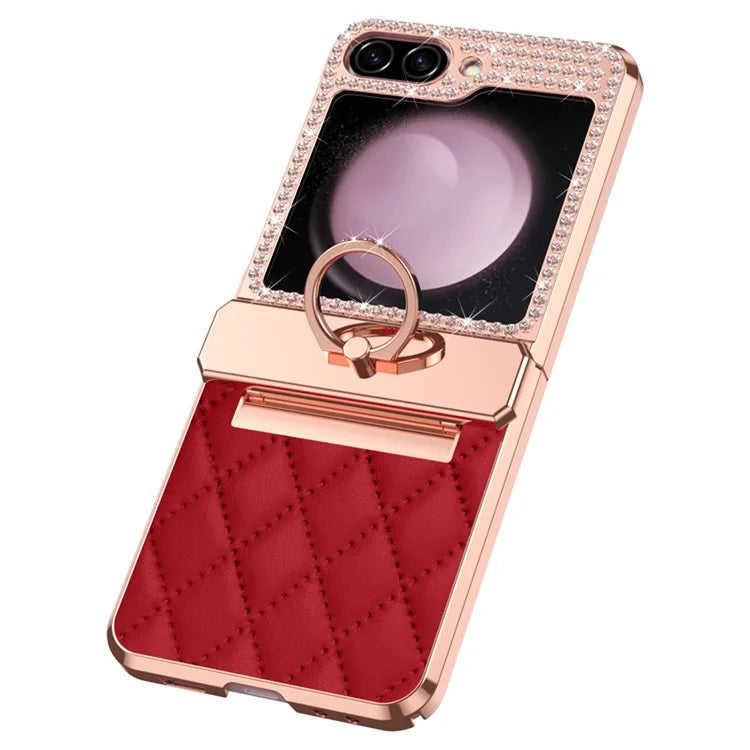 For Samsung Galaxy Z Flip6 5G Case Rhinestone Decor Leather+PC Rhombus Phone Cover