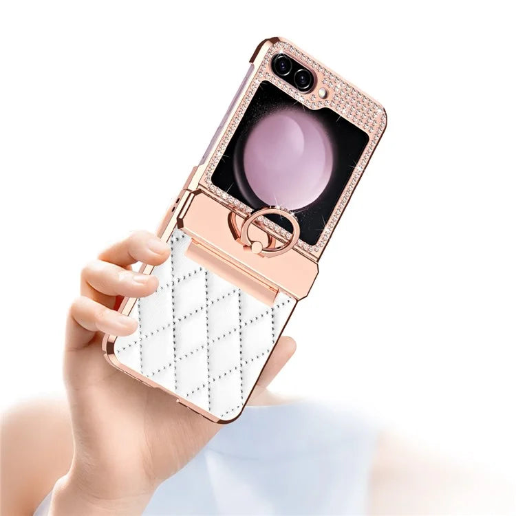 For Samsung Galaxy Z Flip6 5G Case Rhinestone Decor Leather+PC Rhombus Phone Cover