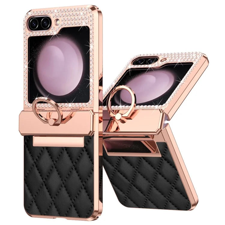 For Samsung Galaxy Z Flip6 5G Case Rhinestone Decor Leather+PC Rhombus Phone Cover