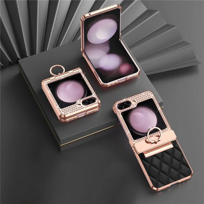 For Samsung Galaxy Z Flip6 5G Case Rhinestone Decor Leather+PC Rhombus Phone Cover