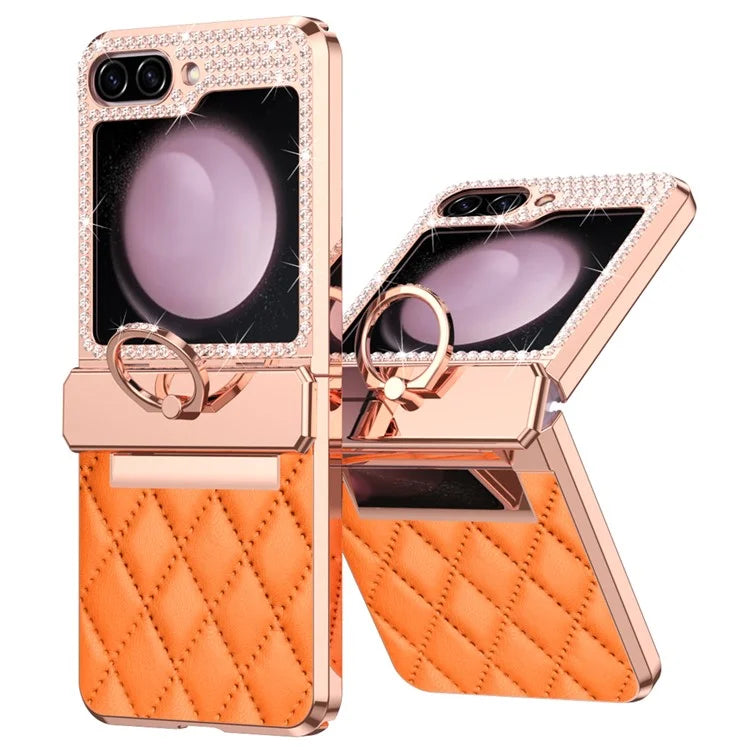 For Samsung Galaxy Z Flip6 5G Case Rhinestone Decor Leather+PC Rhombus Phone Cover