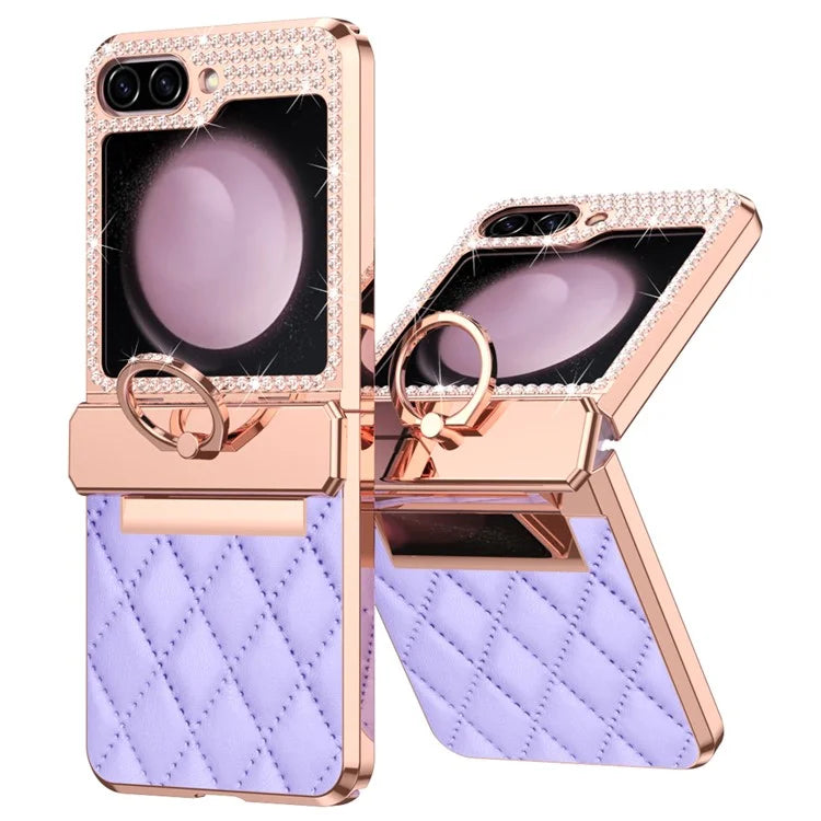 For Samsung Galaxy Z Flip6 5G Case Rhinestone Decor Leather+PC Rhombus Phone Cover