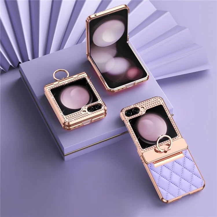 For Samsung Galaxy Z Flip6 5G Case Rhinestone Decor Leather+PC Rhombus Phone Cover