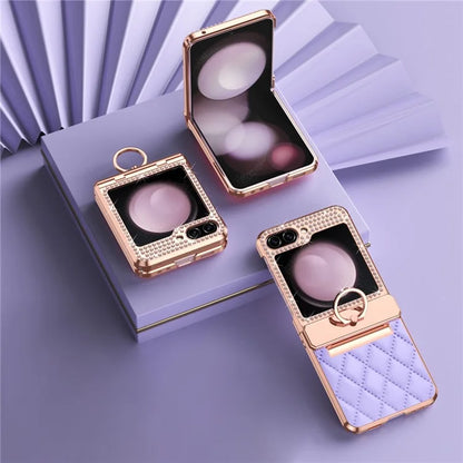 For Samsung Galaxy Z Flip6 5G Case Rhinestone Decor Leather+PC Rhombus Phone Cover