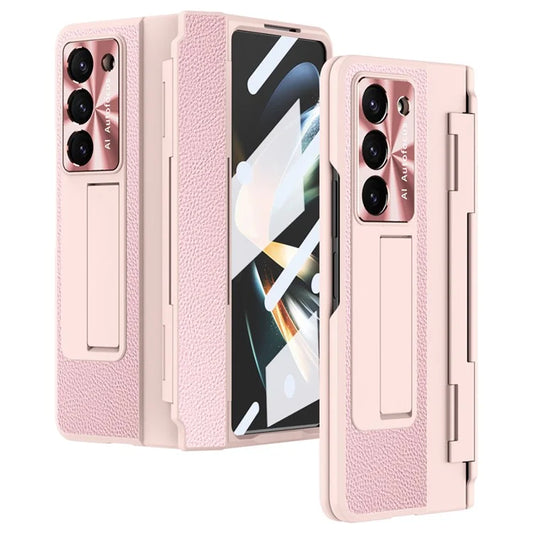 For Samsung Galaxy Z Fold6 5G Case Leather+PC Kickstand Phone Cover with Tempered Glass Film