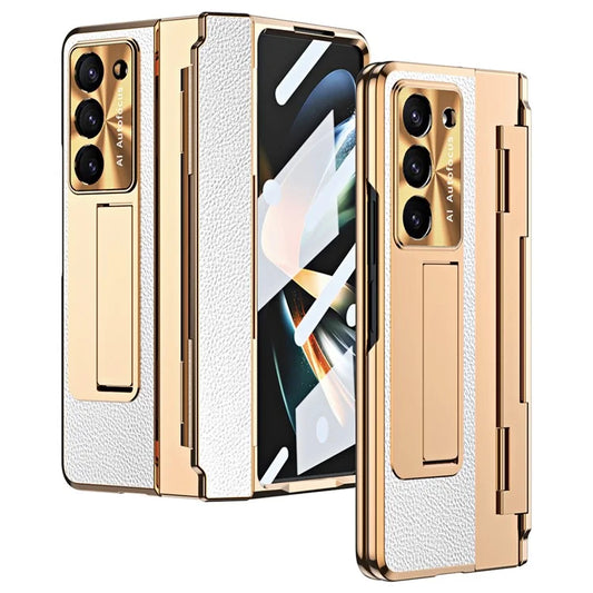 For Samsung Galaxy Z Fold6 5G Case Leather+PC Kickstand Phone Cover with Tempered Glass Film+White