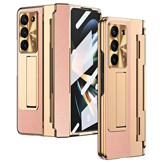 For Samsung Galaxy Z Fold6 5G Case Leather+PC Kickstand Phone Cover with Tempered Glass Film+Pink