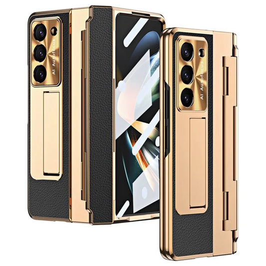 For Samsung Galaxy Z Fold6 5G Case Leather+PC Kickstand Phone Cover with Tempered Glass Film+Black