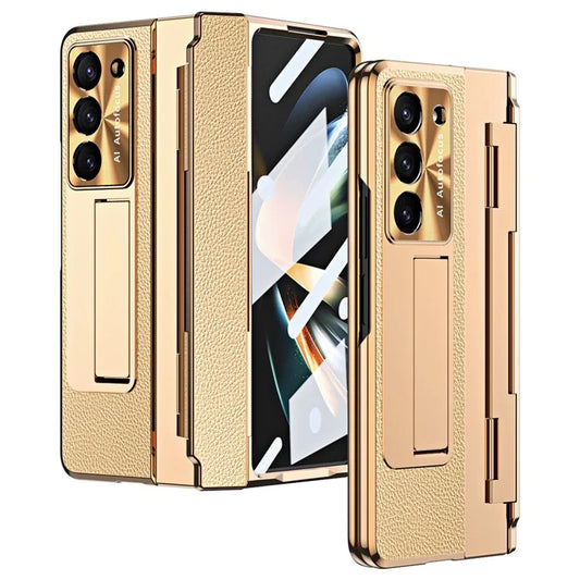 For Samsung Galaxy Z Fold6 5G Case Leather+PC Kickstand Phone Cover with Tempered Glass Film+Gold